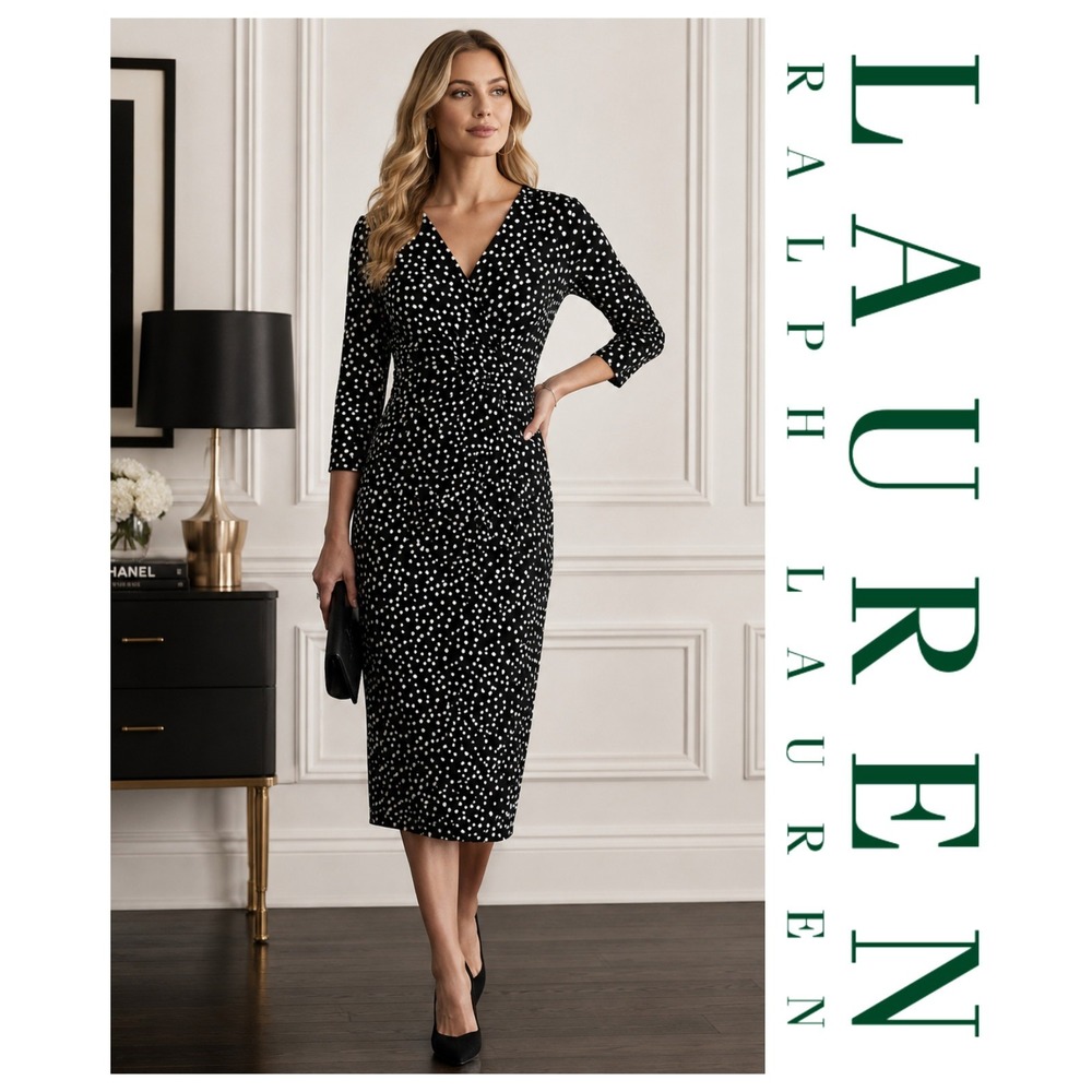 Lauren Ralph Lauren Black White Polka Dot Faux Wrap Ruched Sheath Dress Size 10